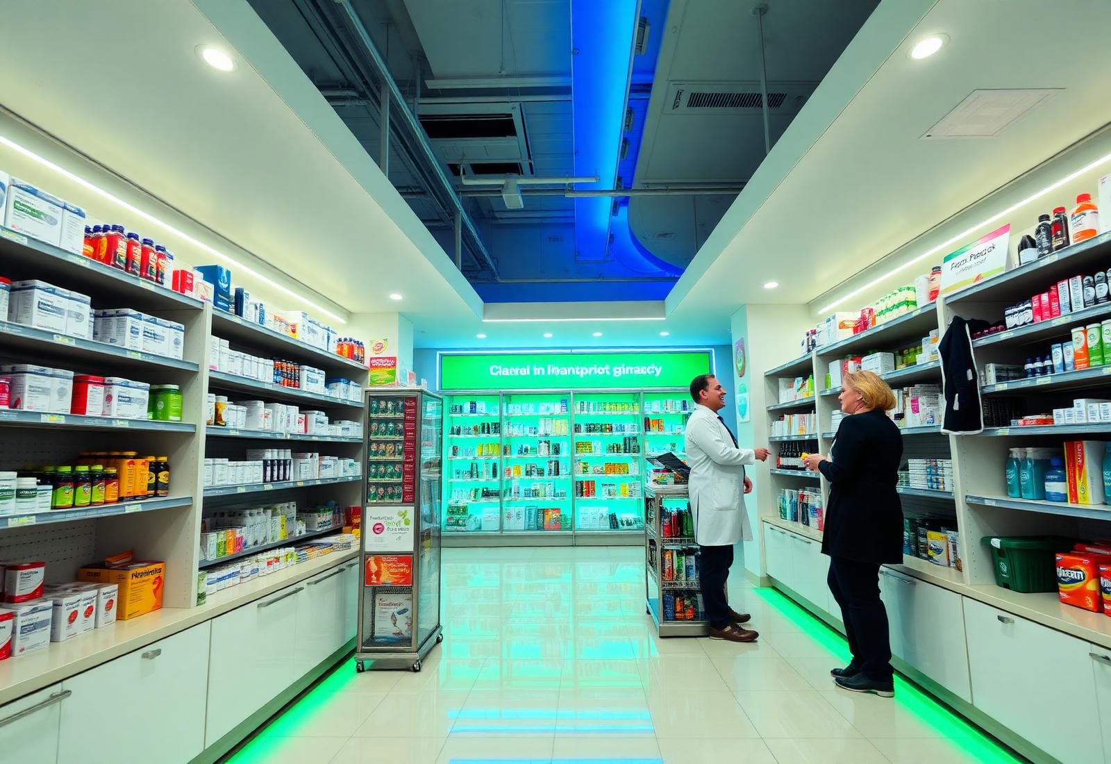 Farmácia San Rafael — ambiente moderno com medicamentos e conveniência